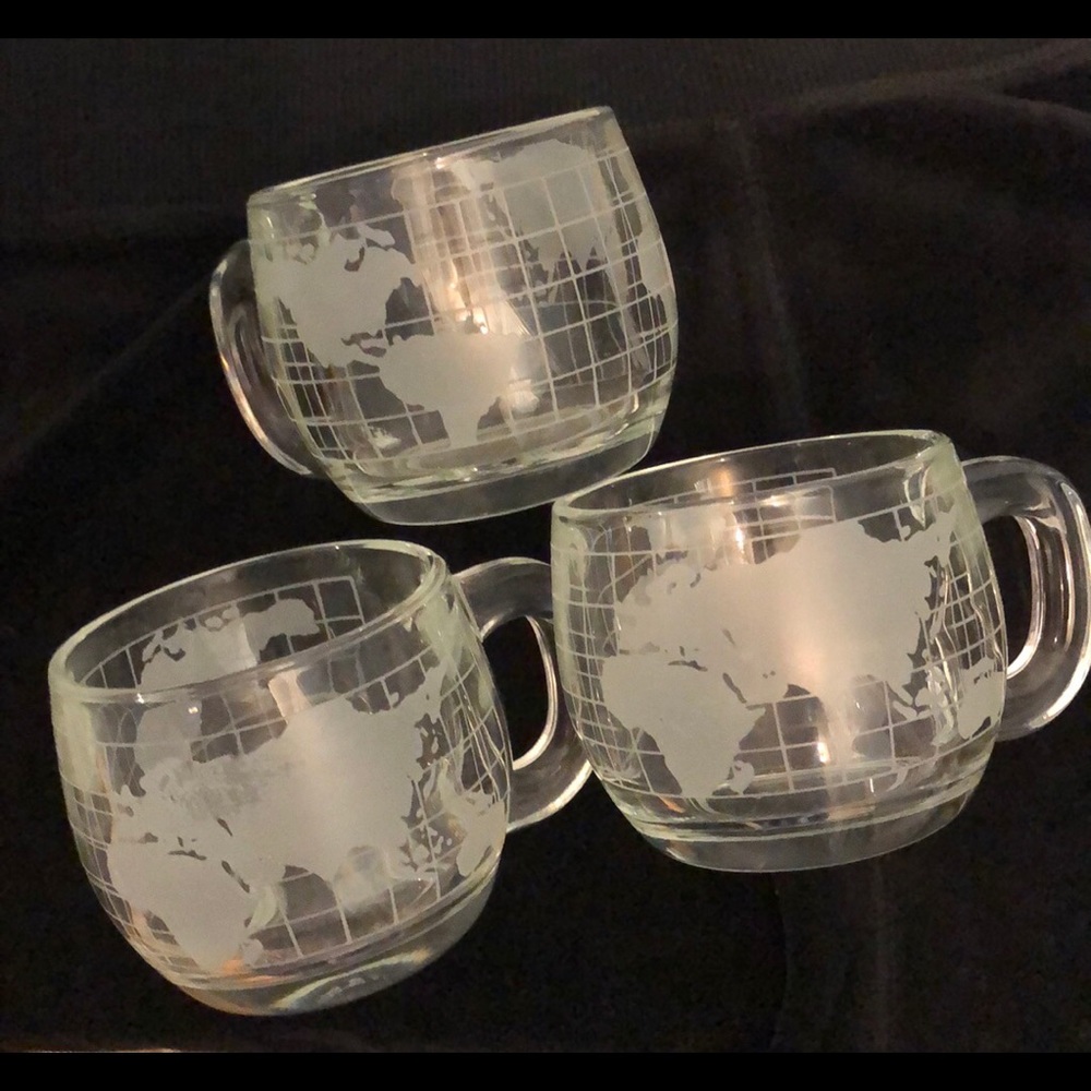3 Vintage glass Nestle globe mugs world map